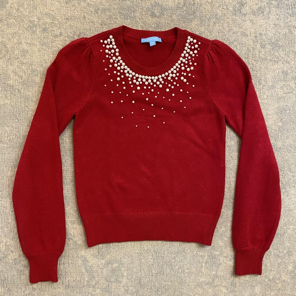 Draper James Sweater Womens XS Red Pearl Beaded Puff Sleeve Anthropologie